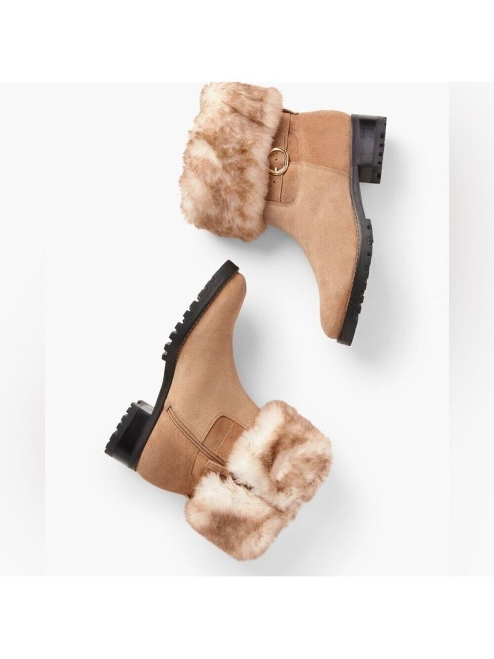Talbots Women’s Tish Foldover Suede Faux Fur lined Ankle Boot Tan 9.5